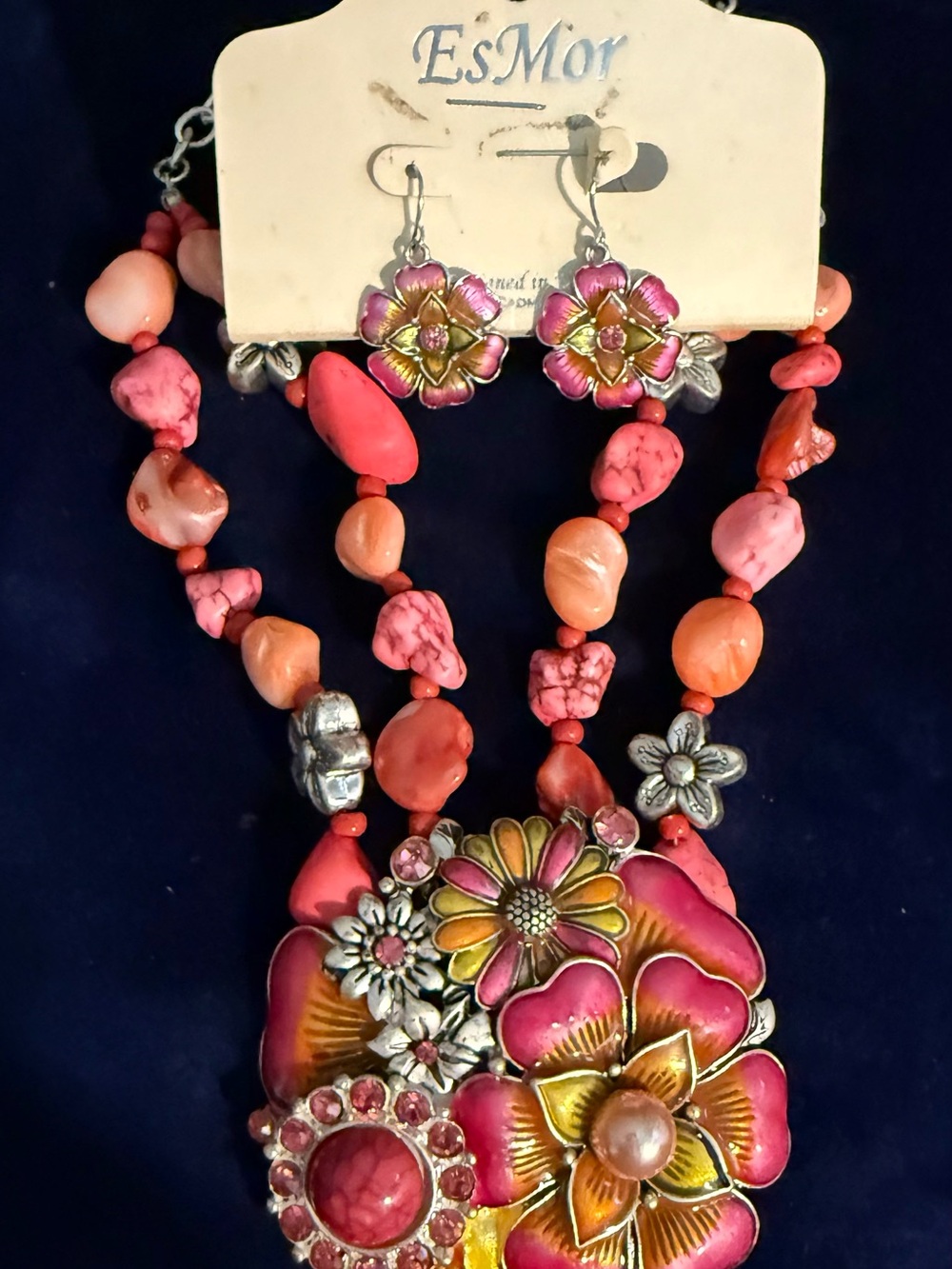 Pink Floral Pendant Necklace and Earrings Set